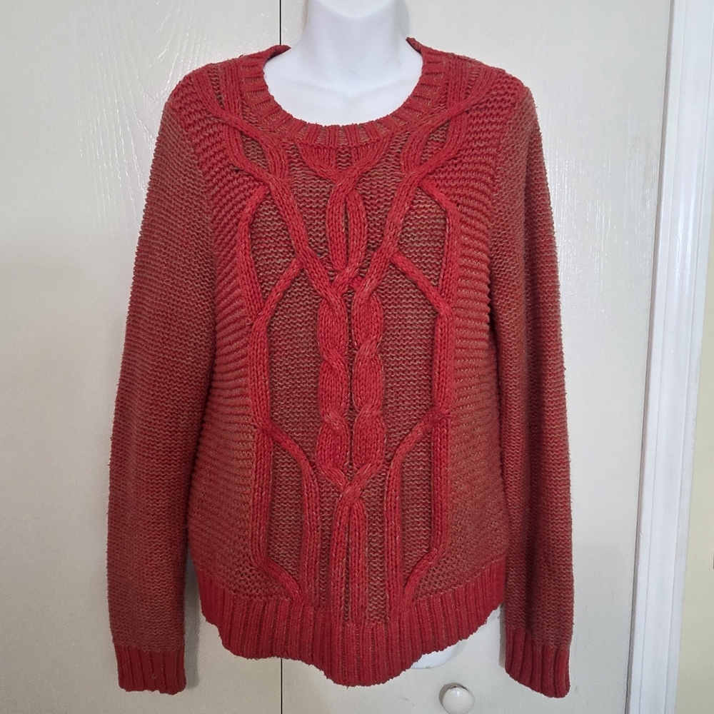 abercrombie & fitch cableknit fishermans crewneck sweater sz L wmns red nautical - Picture 1 of 11